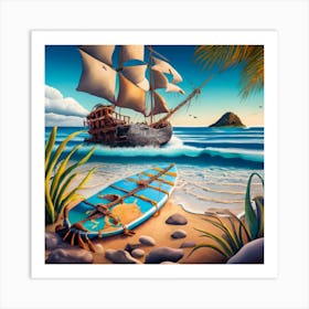 Beach Scene Sailing Ship Wreck In The Foregroun Art Print