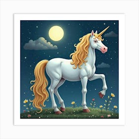 Majestic Unicorn With Golden Mane Under Moonlit Sky 1 Art Print