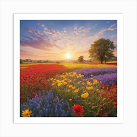 Sunset In A Flower Field Art Print