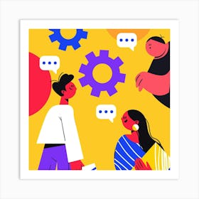 Illustration Of People Talking With Gears Art Print