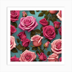 Pink Roses On Blue Background Art Print