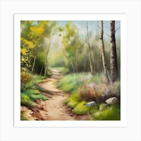 Path In The Woods.A dirt footpath in the forest. Spring season. Wild grasses on both ends of the path. Scattered rocks. Oil colors.25 Art Print