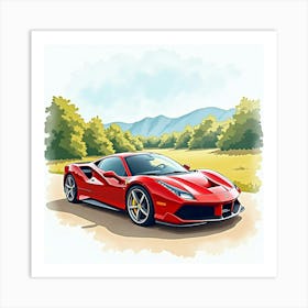 Ferrari 488 Pista In A Colorful Watercolor Landscape, No Signature Or Logo 1 Art Print