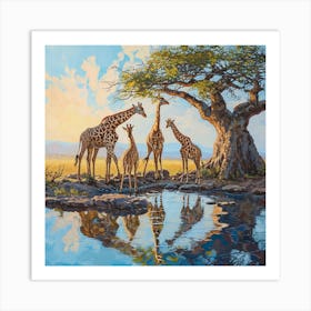 Herd Of Giraffes Looking At Their Reflection Art Print