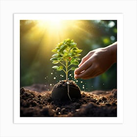 Hand Planting A Tree, A Small Seed That Grows Into A Large Tree Bearing Fruit Art Print