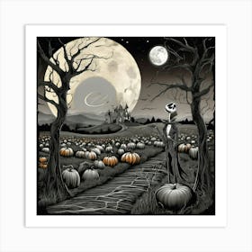 Jack Skellington standing in a moonlit ghostly landscape, with pumpkin patch and twisted trees Art Print