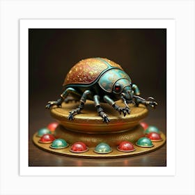 A Sacred Scarab Beetle Resting On A Golden Pedestal Surrounded By Jewels Art Print