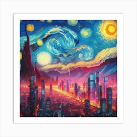 Van Gogh Painted A Starry Night Over A Cyberpunk Cityscape Art Print