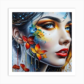 Portrait Of A Women Face With Waterdrops Floating Colors And Flower Decoration As A Beautiful Oil Painting Art Print