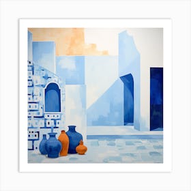 Abstract Contemporary Art Print - Orange & Blue Pots Art Print