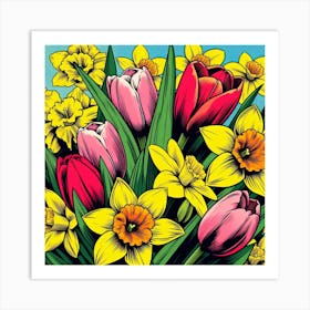 Tulips and Daffodils, pop art 1 Art Print