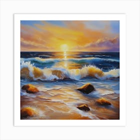 The sea. Beach waves. Beach sand and rocks. Sunset over the sea. Oil on canvas artwork.2 Art Print