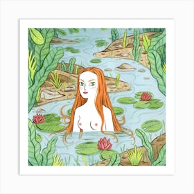 Lady In The Pond Square Art Print