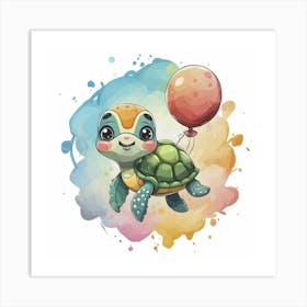 Cute Turtle With Balloon Art Print