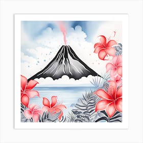 Hawaiian Flowers and Volcano Monochromatic Watercolor Art Print