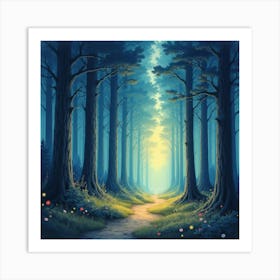 Mystical Forest With Magical Illumination, Watercolor 1 Art Print