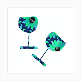 Floral Blue Green Wine Glasses Pair Art Print