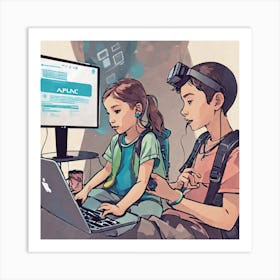 Two Kids Using A Laptop Art Print