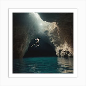 Man Jumping Into A Cave 1 Art Print