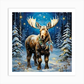 Baby Moose Adorned With Festive Ribbons Amid A Snow Laden Forest Twinkling Lights Woven Between Fro Art Print