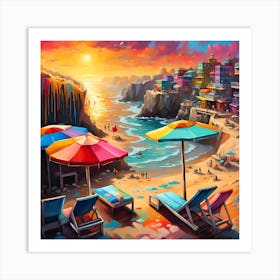 A Majestic Vista From Atop Beach Cliffs Overlooking Waves Beach Bar Homes And Beachgoers Art Print