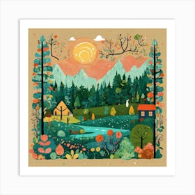 Art Drawing Forest Scene Folk Art Style Inspired B (5) Art Print