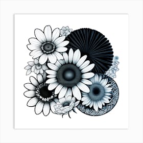 Hand Draw Colorful Flower Free Photos and Background, Black And White Flowers Art Print