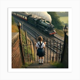 Girl Looking At A Train Art Print