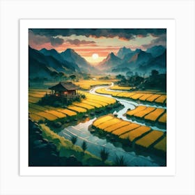 Beautiful views of rice fields, close to the river and surrounded by mountains, 10 Art Print