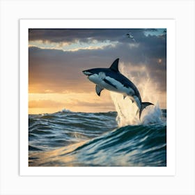 White Shark Jumping Out Of The Water Art Print