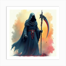 Soul Reaper Wielding Scythe, Watercolor, Colorful Background 1 Art Print