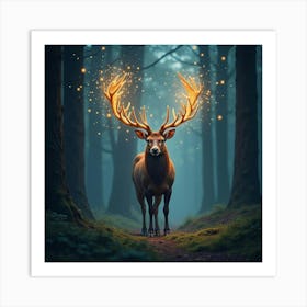 A Majestic Stag With Antlers Of Cascading, Starry Light Standing In A Magical Forest 1 Art Print