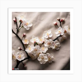 Firefly Plum Blossoms Scattered Across A Soft Linen Textured Canvas, With Simple Branches In Matte B (5) Art Print