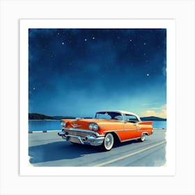 Classic Car Under A Starry Night Sky, Watercolor Painting 1 Art Print