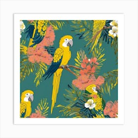 Seamless Pattern With Acacia Flowers And Parrots Vector 3 Art Print