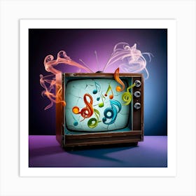 A Vibrant, Surrealistic Portrait Photograph Depicting A Vintage, Wooden Cased Television Set With A Distressed, Retro Aesthetic, Placed Against A Dark, Gradient Blue Background That Fades To Purple Hues, As If The Tv Is Radiating Beautiful Notes 1 Art Print