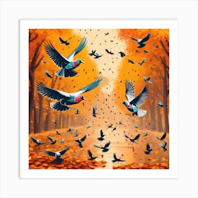 Pigeons In The Autumn Forest Art Print