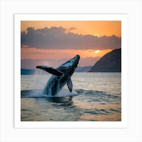 Humpback Whale Breaching At Sunset 27 Art Print