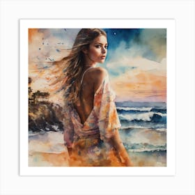 Watercolor Of A Woman On The Beach 1 Art Print