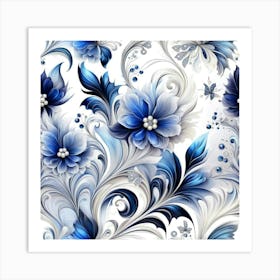 Blue And White Floral Wallpaper Art Print