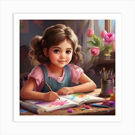 Little Girl Drawing Art Print