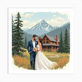 Sophisticated Couple In Watercolor Fashion, Cozy Mountain Lodge 1 Art Print