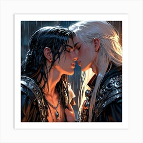 Men kissing In The rain Art Print