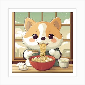 Corgi Eating Ramen 1 Art Print