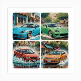 Four Cars In Water Art Print