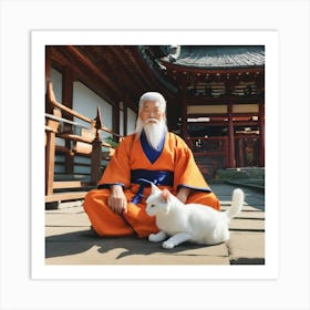 Buddhist Monk With Cat Art Print