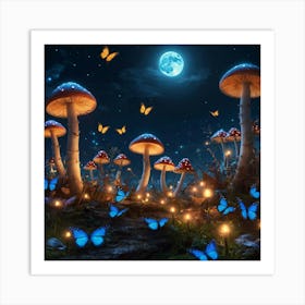 Mushrooms And Butterflies Under Blue Moon Art Print