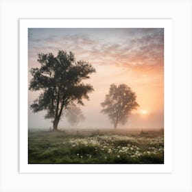 Sunrise Over A Foggy Field Art Print