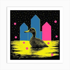 Duckling Linocut Style At Night 6 Art Print