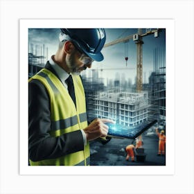 Construction Worker Using Tablet Computer Art Print